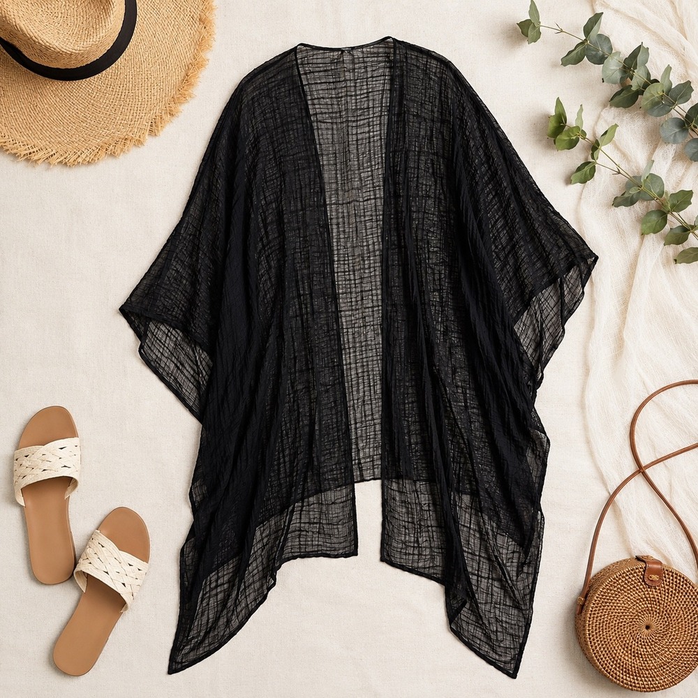 Chicos Pleated Ruana Covering Black Sheer Wrap Kimono One Size NEW 570350992 - Picture 1 of 5